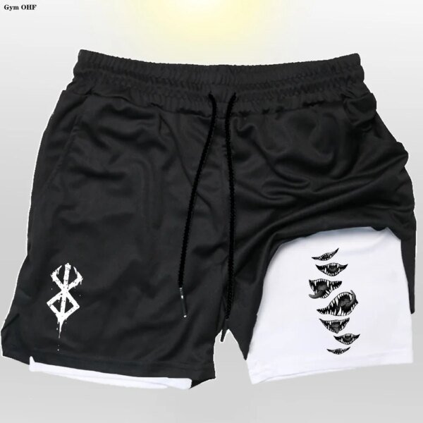 Pantalones cortos deportivos 2 en 1 de Anime Gym para hombre, con estampado de fitness, forro corto y bolsillo para teléfono, para entrenamiento, correr, de malla - Image 2