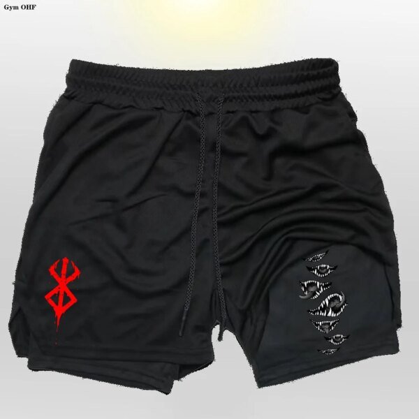 Pantalones cortos deportivos 2 en 1 de Anime Gym para hombre, con estampado de fitness, forro corto y bolsillo para teléfono, para entrenamiento, correr, de malla - Image 5