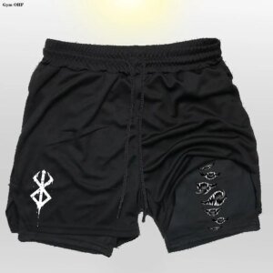 Pantalones cortos deportivos 2 en 1 de Anime Gym para hombre, con estampado de fitness, forro corto y bolsillo para teléfono, para entrenamiento, correr, de malla