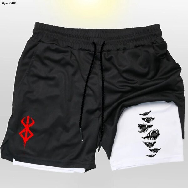 Pantalones cortos deportivos 2 en 1 de Anime Gym para hombre, con estampado de fitness, forro corto y bolsillo para teléfono, para entrenamiento, correr, de malla - Image 6