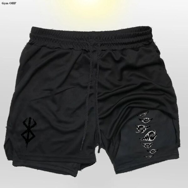 Pantalones cortos deportivos 2 en 1 de Anime Gym para hombre, con estampado de fitness, forro corto y bolsillo para teléfono, para entrenamiento, correr, de malla - Image 3