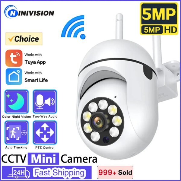 Cámara IP Wifi Tuya de 5 MP con visión nocturna a color para exteriores, seguimiento automático, inalámbrica, PTZ, CCTV, vigilancia de seguridad, Smart Life Cam