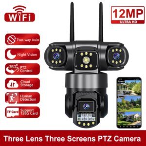 Cámara IP WiFi de 12 MP para exteriores, tres lentes, tres pantallas, monitor de video de seguridad, visión nocturna, impermeable, CCTV, cámara de vigilancia PTZ