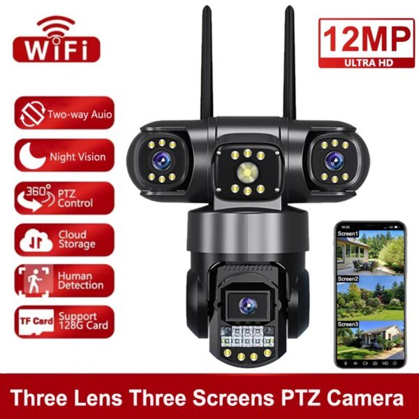 Cámara IP WiFi de 12 MP para exteriores, tres lentes, tres pantallas, monitor de video de seguridad, visión nocturna, impermeable, CCTV, cámara de vigilancia PTZ