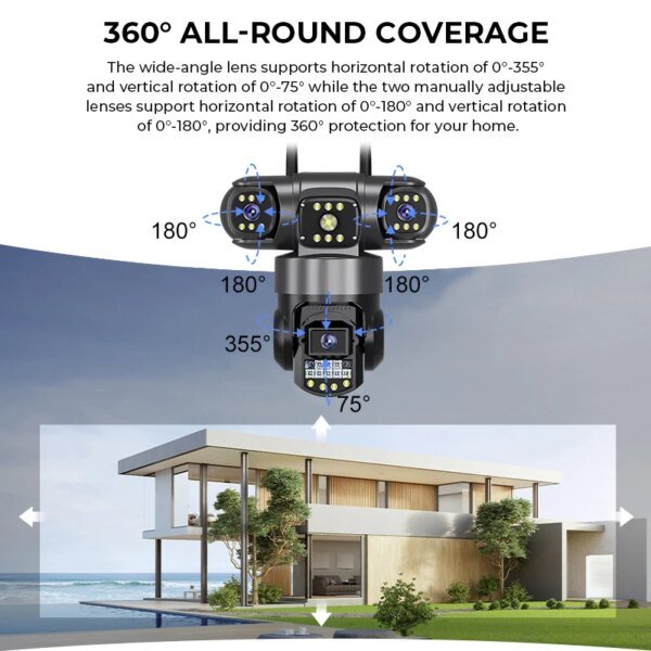 Cámara IP WiFi de 12 MP para exteriores, tres lentes, tres pantallas, monitor de video de seguridad, visión nocturna, impermeable, CCTV, cámara de vigilancia PTZ - Image 3