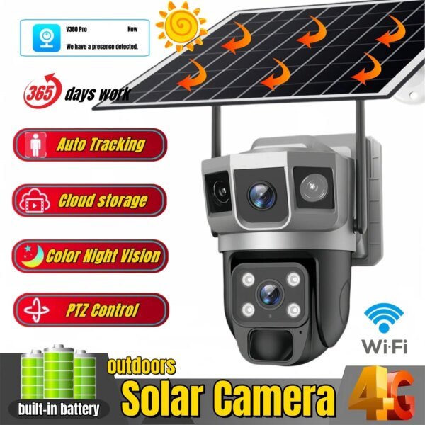 Cámara exterior con batería, monitor CCTV, tarjeta SIM 4G, red inalámbrica, seguridad IP, cámara para mascotas, detección de movimiento, cámara PTZ de 3 pantallas.