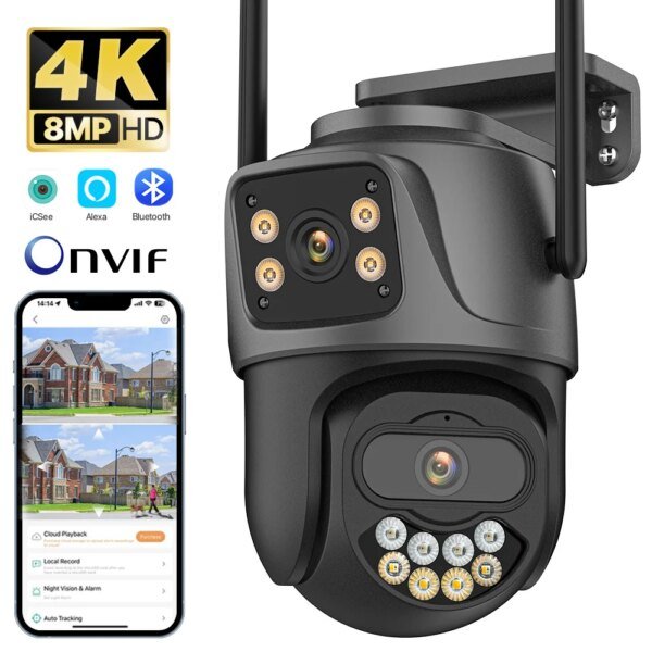 Cámara IP exterior 4K HD de 8 MP con doble lente y Wifi, seguimiento automático, protección de seguridad, vigilancia CCTV iCsee P2P.