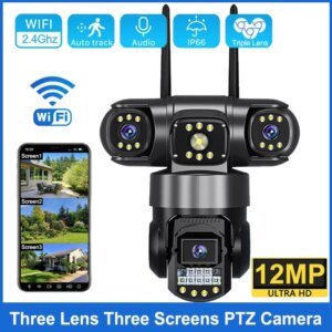 Cámara IP WiFi de 12 MP, tres lentes y tres pantallas, videovigilancia CCTV para exteriores, seguimiento automático, visión nocturna, PTZ, cámara de seguridad para el hogar.