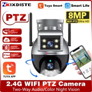 Cámara PTZ WiFi de doble lente Tuya 4K para exteriores, audio bidireccional, inalámbrica, CCTV, vigilancia de seguridad, seguimiento automático, IP, Smart Life