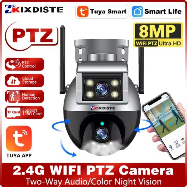 Cámara PTZ WiFi de doble lente Tuya 4K para exteriores, audio bidireccional, inalámbrica, CCTV, vigilancia de seguridad, seguimiento automático, IP, Smart Life