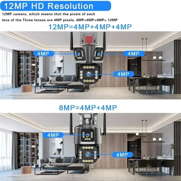 Cámara IP WiFi 6K de 12 MP para exteriores, videovigilancia de 360°, seguridad, protección, tres pantallas, seguimiento con IA, CCTV, impermeable, para calle - Image 2