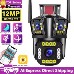 Cámara IP WiFi 6K de 12 MP para exteriores, videovigilancia de 360°, seguridad, protección, tres pantallas, seguimiento con IA, CCTV, impermeable, para calle