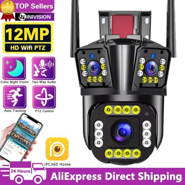 Cámara IP WiFi 6K de 12 MP para exteriores, videovigilancia de 360°, seguridad, protección, tres pantallas, seguimiento con IA, CCTV, impermeable, para calle