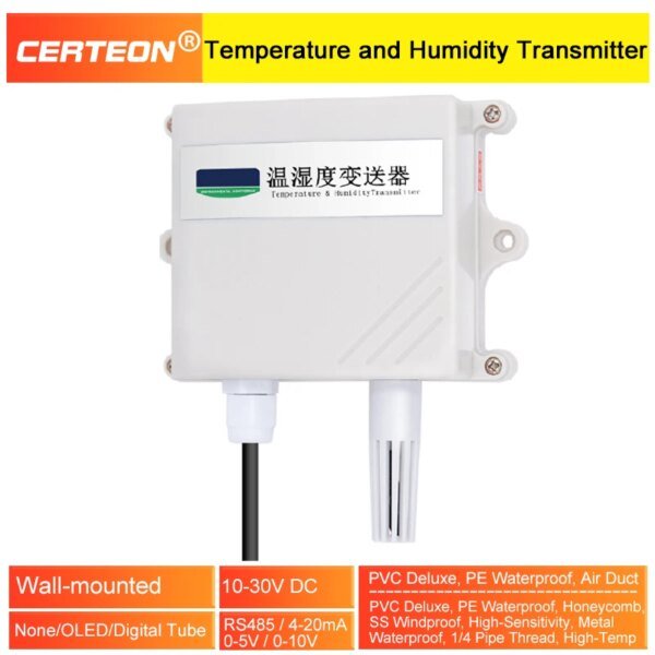 Transmisor de temperatura y humedad RS485 de montaje en pared con sensor de alta precisión y salida analógica y sonda externa.