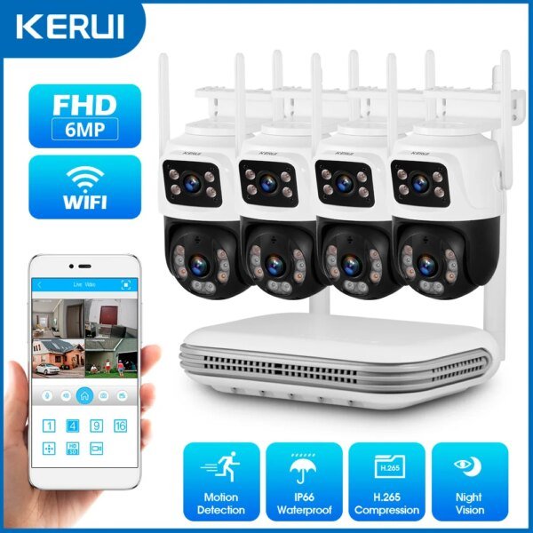 Kit de sistema de cámara de seguridad KERUI NVR inalámbrico Full HD de 6 MP y 8 canales con doble lente IP y WIFI para vigilancia exterior, CCTV, grabadora de audio y video.
