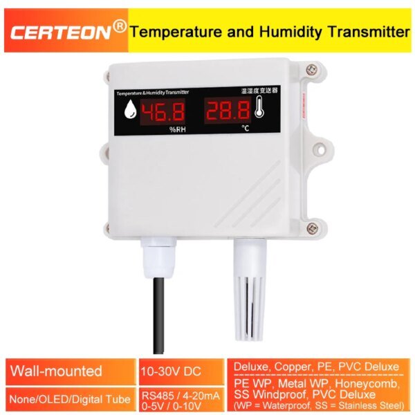 Sensor de temperatura y humedad de pared RS485, transmisor de alta precisión con pantalla para almacenes, invernaderos y farmacias.