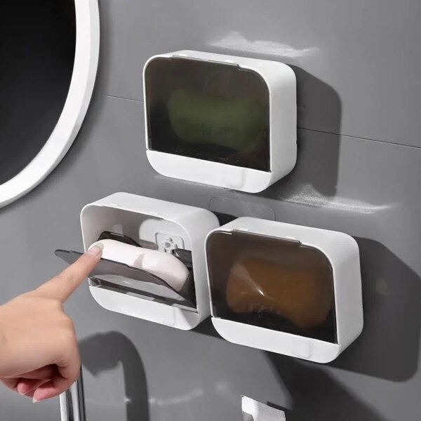 Jabonera de baño con tapa abatible, caja de almacenamiento de jabón montada en la pared, sin perforaciones, con escurridor - Image 2