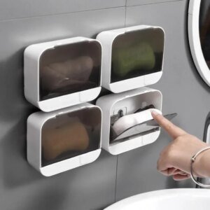 Jabonera de baño con tapa abatible, caja de almacenamiento de jabón montada en la pared, sin perforaciones, con escurridor