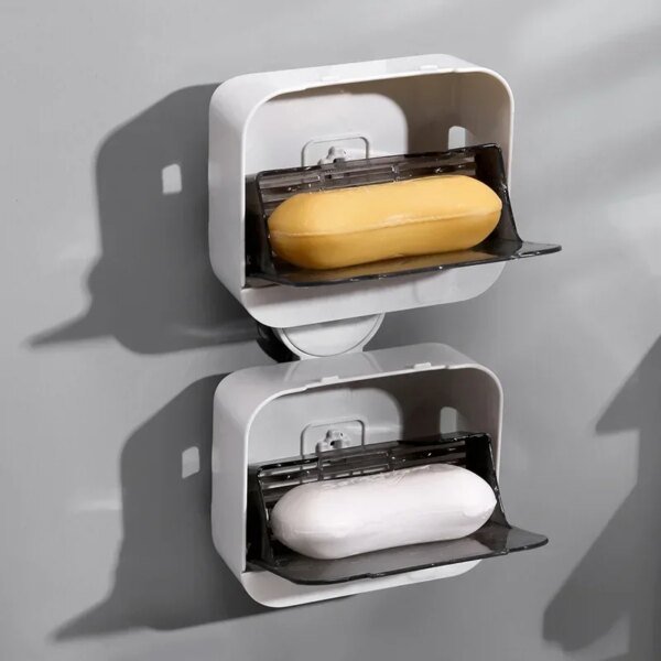 Jabonera de baño con tapa abatible, caja de almacenamiento de jabón montada en la pared, sin perforaciones, con escurridor - Image 4