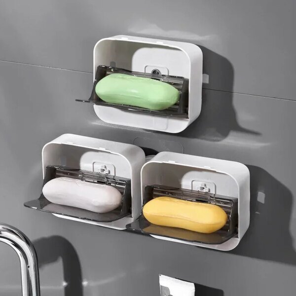 Jabonera de baño con tapa abatible, caja de almacenamiento de jabón montada en la pared, sin perforaciones, con escurridor - Image 3