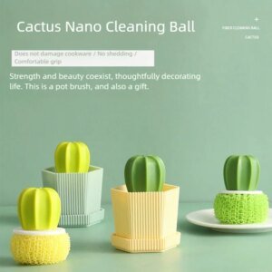 Cepillo para lavar platos, cepillo de cocina con forma de cactus, nano bola de limpieza para el hogar, cepillo de seda antipelusas, cepillo para ollas con mango, cesta de drenaje