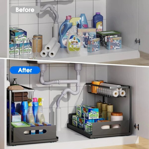Organizador de cesta deslizante de 2 niveles debajo del fregadero, cajón extraíble, organizador multiusos para fregadero de baño y cocina. - Image 4