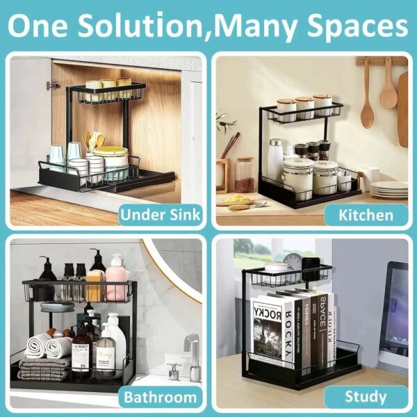 Organizador de cesta deslizante de 2 niveles debajo del fregadero, cajón extraíble, organizador multiusos para fregadero de baño y cocina. - Image 5