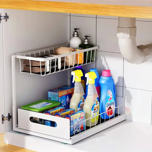 Organizador de cesta deslizante de 2 niveles debajo del fregadero, cajón extraíble, organizador multiusos para fregadero de baño y cocina.