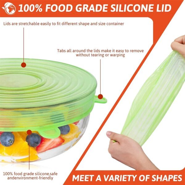 6 tapas de silicona de grado alimenticio reutilizables, herméticas, universales, elásticas y redondas para accesorios de cocina. - Image 4