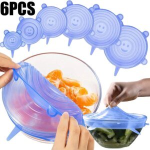6 tapas de silicona de grado alimenticio reutilizables, herméticas, universales, elásticas y redondas para accesorios de cocina.