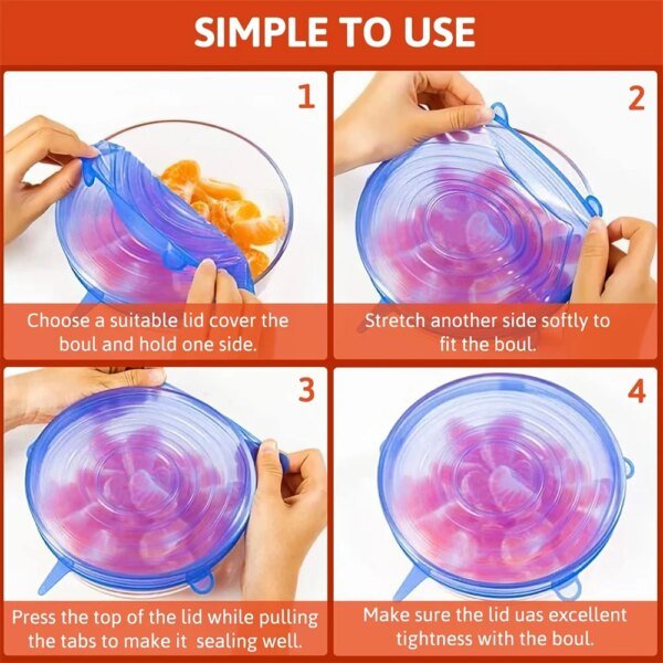 6 tapas de silicona de grado alimenticio reutilizables, herméticas, universales, elásticas y redondas para accesorios de cocina. - Image 3
