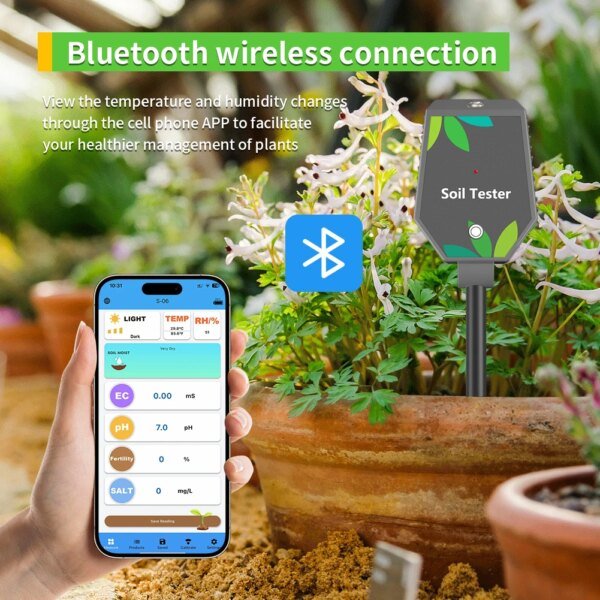 Yieryi - Probador de suelo inteligente 8 en 1 con Bluetooth, medidor de pH, sal, CE, fertilidad y temperatura, registrador de datos de humedad del suelo y pH para plantar en el jardín. - Image 5