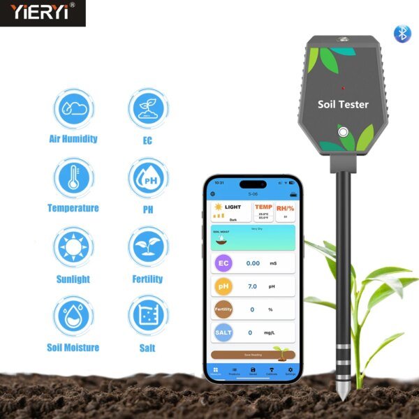 Yieryi - Probador de suelo inteligente 8 en 1 con Bluetooth, medidor de pH, sal, CE, fertilidad y temperatura, registrador de datos de humedad del suelo y pH para plantar en el jardín.