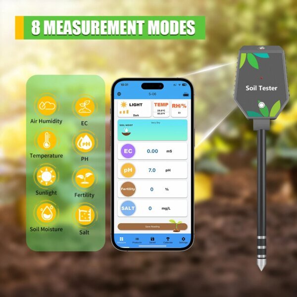 Yieryi - Probador de suelo inteligente 8 en 1 con Bluetooth, medidor de pH, sal, CE, fertilidad y temperatura, registrador de datos de humedad del suelo y pH para plantar en el jardín. - Image 3