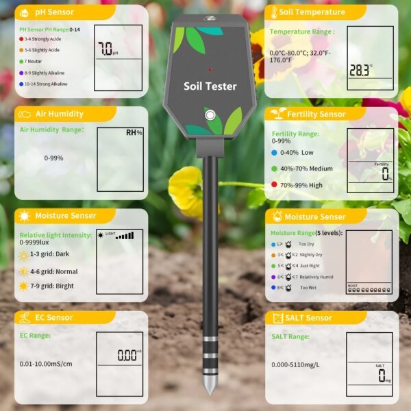 Yieryi - Probador de suelo inteligente 8 en 1 con Bluetooth, medidor de pH, sal, CE, fertilidad y temperatura, registrador de datos de humedad del suelo y pH para plantar en el jardín. - Image 4