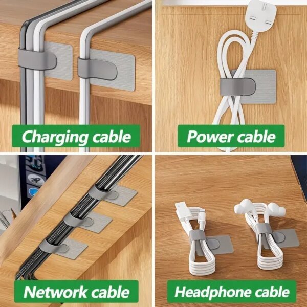 Organizador de cables autoadhesivo, 10 unidades, clip fijo para cables de mesa o pared, brida para cables de alimentación, soporte para cables de red - Image 5