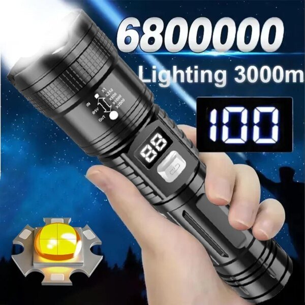 Linternas LED de alta potencia, batería incorporada, recargable por USB, potente luz de mano, lámpara de antorcha multifuncional para emergencias de camping.