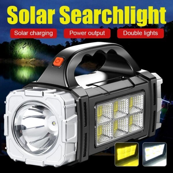 Linterna LED potente 2024, recargable por USB y con energía solar, COB, para acampar al aire libre, portátil, con reflector y banco de energía para exteriores.