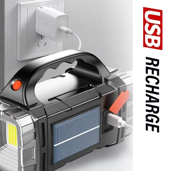 Linterna LED potente 2024, recargable por USB y con energía solar, COB, para acampar al aire libre, portátil, con reflector y banco de energía para exteriores. - Image 4