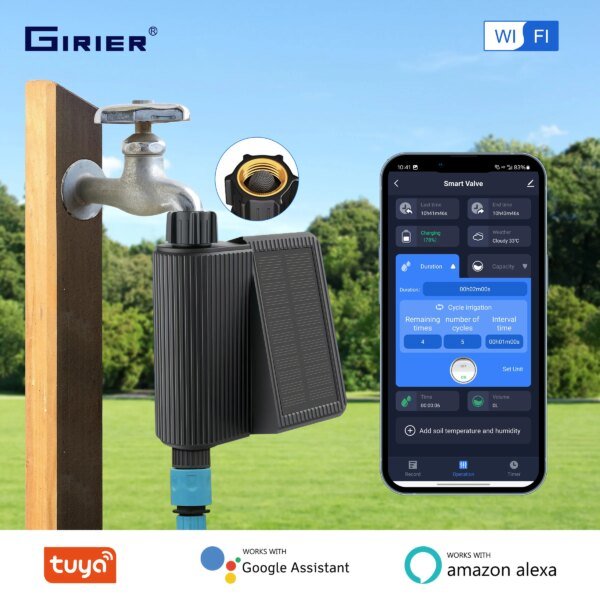 Temporizador de agua inteligente GIRIER con energía solar, WiFi, con entrada de latón, controlador de riego automático, no requiere concentrador.