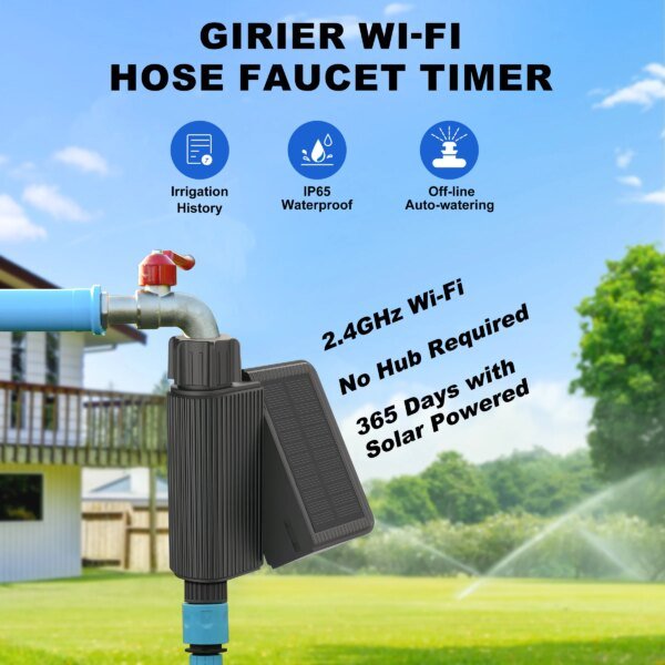 Temporizador de agua inteligente GIRIER con energía solar, WiFi, con entrada de latón, controlador de riego automático, no requiere concentrador. - Image 2