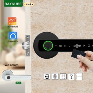 Cerradura electrónica digital con huella dactilar RAYKUBE Tuya BLE con contraseña, llave, tarjeta IC, Smartlife y desbloqueo por aplicación Tuya.