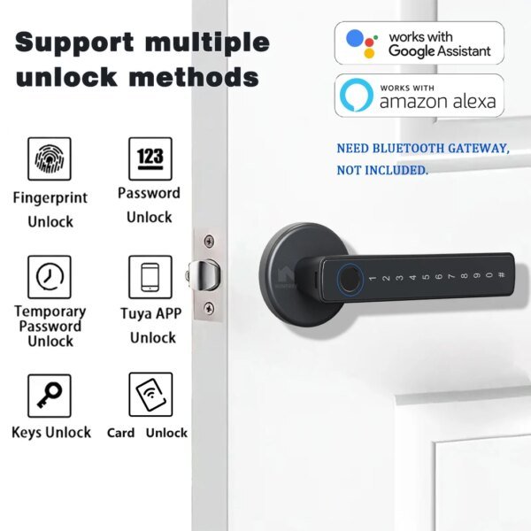 Cerradura inteligente con huella dactilar WINFREE, Tuya, Bluetooth, tarjeta de código de acceso, puerta de madera, dormitorio, entrada sin llave, cerradura inteligente, Alexa, Google Assistant - Image 2
