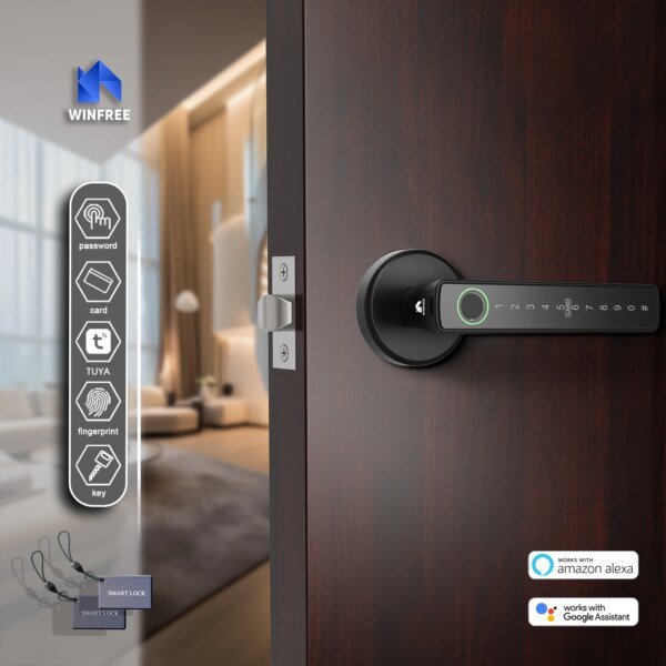 Cerradura inteligente con huella dactilar WINFREE, Tuya, Bluetooth, tarjeta de código de acceso, puerta de madera, dormitorio, entrada sin llave, cerradura inteligente, Alexa, Google Assistant
