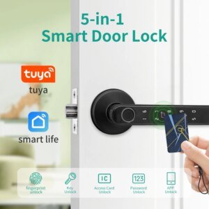 Cerradura de puerta Tuya 5 en 1, productos para el hogar inteligente, cerraduras con huella dactilar, control remoto, desbloqueo por aplicación, compatible con contraseña, tarjeta IC, desbloqueo de llave