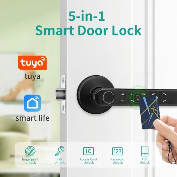 Cerradura de puerta Tuya 5 en 1, productos para el hogar inteligente, cerraduras con huella dactilar, control remoto, desbloqueo por aplicación, compatible con contraseña, tarjeta IC, desbloqueo de llave