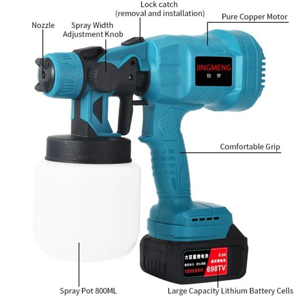 Pistola pulverizadora eléctrica inalámbrica de 800 ml, para pintar muebles de coche, revestimiento de acero, aerógrafo, compatible con batería de 21 V. - Image 3