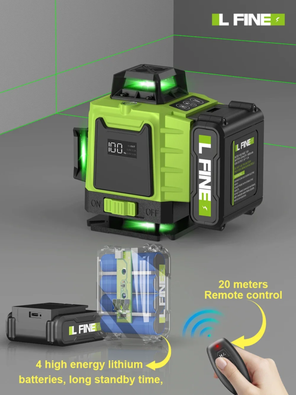 Nivel láser LFINE 3D/4D de 12/16 líneas horizontales y verticales con control remoto, 8 líneas, 360°, autonivelante