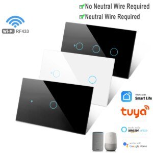 Interruptor de luz inteligente Tuya WiFi de EE. UU. Interruptor táctil de pared Cable neutro/No requiere cable neutro Tipo 120 Funciona con Alexa, Google Home