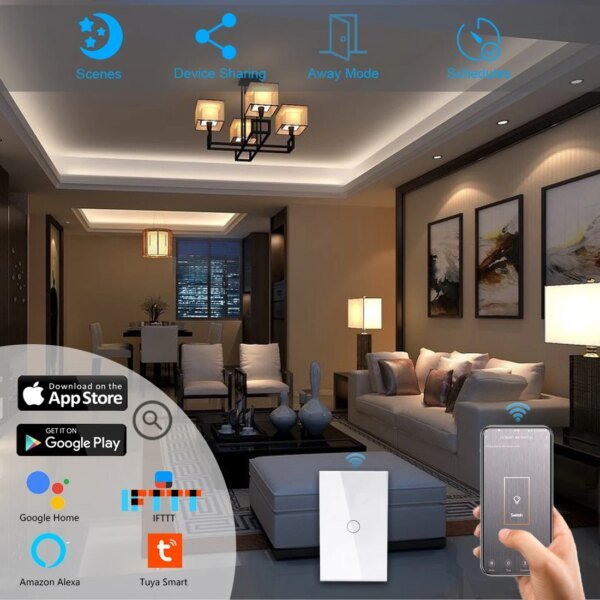 Interruptor de luz inteligente Tuya WiFi de EE. UU. Interruptor táctil de pared Cable neutro/No requiere cable neutro Tipo 120 Funciona con Alexa, Google Home - Image 3